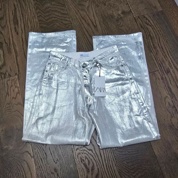 🆕️ Zara Boy Boy Metallic High Rise Relaxed Fit Jeans in Silver - Picture 11 of 15